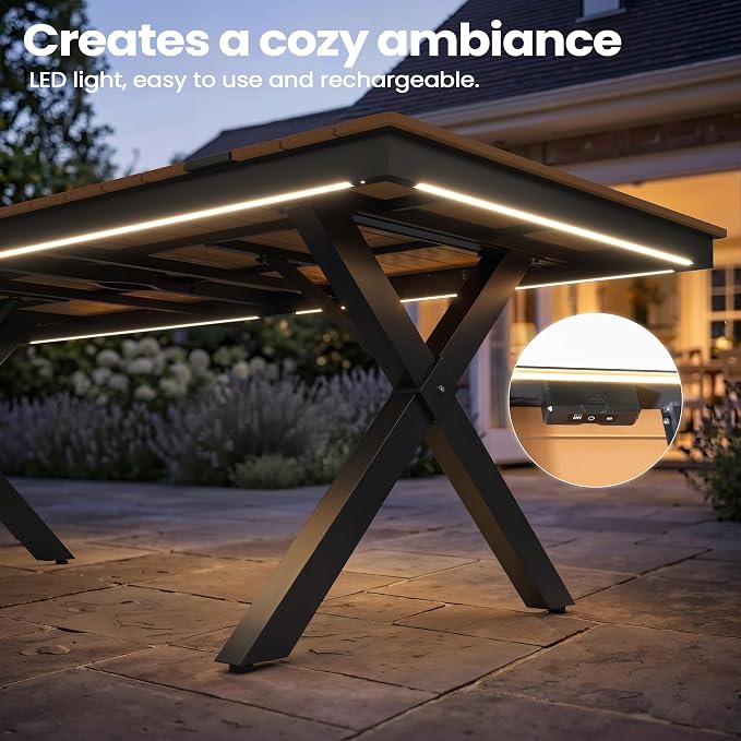 Pellebant 94" Outdoor Dining Table with LED Lights, 8-10 Person Aluminum Patio Table with Umbrella Hole, Sturdy Frame & 8ft Wood Grain Tabletop for Deck, Porch, Backyard