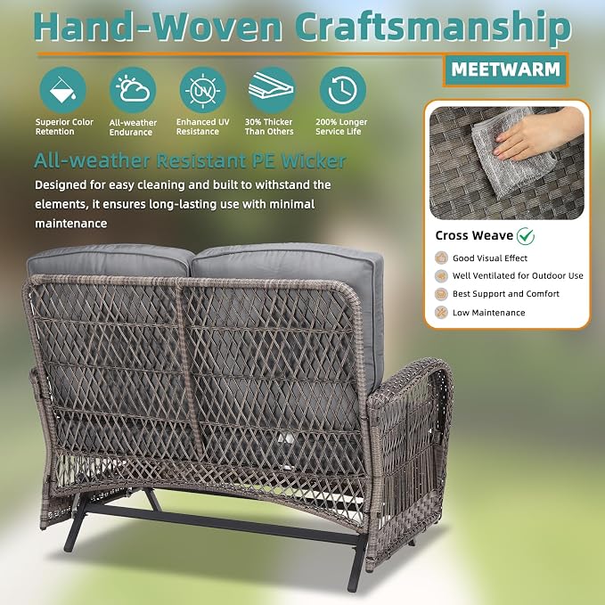 MEETWARM Outdoor Wicker Patio Glider Set, Loveseat for 2 Person Porch Furniture Glider with Glass-Top Coffee Table, Patio Glider Rocking Bench with Thickened Cushions, Gray