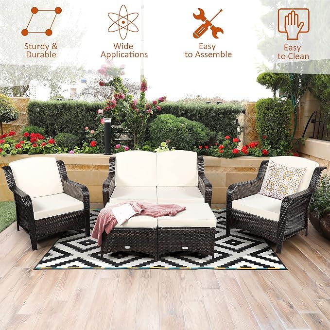 COSTWAY 5PCS Patio Wicker Rattan Furniture Set, Loveseat Sofa with Ottomans and Cushioned Chairs, Conversation Sets for Outdoor Garden Backyard