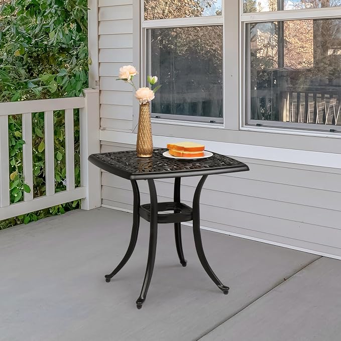 VINGLI 21" Cast Aluminum Outdoor Side Table with Umbrella Hole, All Weather Patio Side Table Bistro Table for Balcony, Yard and Porch (Black)