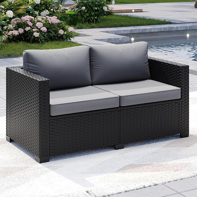 LazySunsets 1-Piece Outdoor Patio Furniture Set, Rattan Outdoor Sectional with Thick Waterproof Cushions, Waterproof Cover, Patio Conversation Set for Garden, Backyard, Porch, Grey