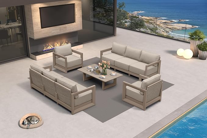 PURPLE LEAF Patio Furniture Set Enclosed Outdoor Couch with 9.6" Thick Cushion and Soft Pillows 9 Piece Outdoor Sectional Sofas with Table Modern Outdoor Conversation Sets for Yard Porch Deck, Khaki