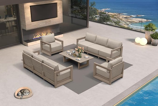 PURPLE LEAF Patio Furniture Set Enclosed Outdoor Couch with 9.6" Thick Cushion and Soft Pillows 9 Piece Outdoor Sectional Sofas with Table Modern Outdoor Conversation Sets for Yard Porch Deck, Khaki