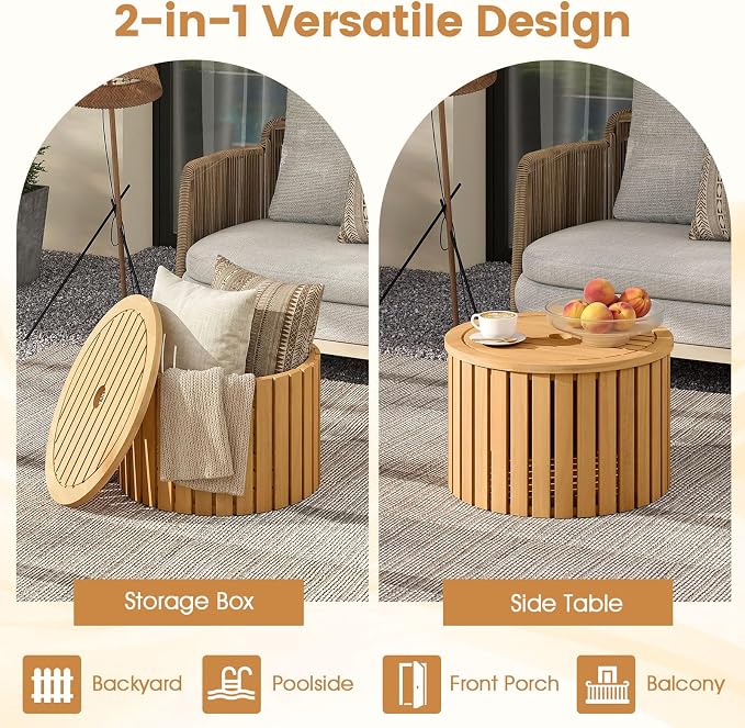 Tangkula 2-in-1 Outdoor Side Table with Storage, Acacia Wood Slatted Coffee Table with Umbrella Hole & Removable Base, Round Slatted End Storage Box for Backyard, Poolside
