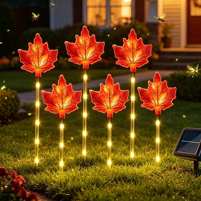 Solar Maple Leaf Lights - 6 Pack Outdoor Solar Path Lights with 8 Lighting Modes, Waterproof Garden Stake Lights for Fall, Thanksgiving, Autumn Decor, Housewarming Gifts & Outdoor Decor