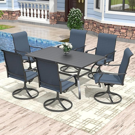 Anmutig 7-Piece Outdoor Patio Dining Set, 6 Patio Dining Chairs & 1 Rectangle Outdoor Dining Table with 1.6"/1.9" Umbrella Hole Blue