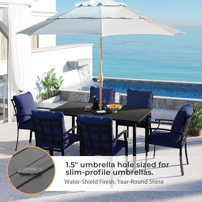 HAPPATIO 7-Piece Patio Dining Set, Outdoor Dining Set with Powder-Coated Metal,Dining Table with Umbrella Hole, 6 Stackable Chairs with Removable Cushions for Porch Poolside Garden, Navy Blue