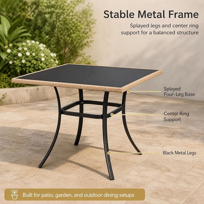 AECOJOY Outdoor Patio Dinning Table for 4, 35.2" Square Rattan Patio Outdoors Tables with Glass Tabletop Rectangular Metal Frame All Weather-Resistant Dining Desk for Lawn Backyard Garden Porch