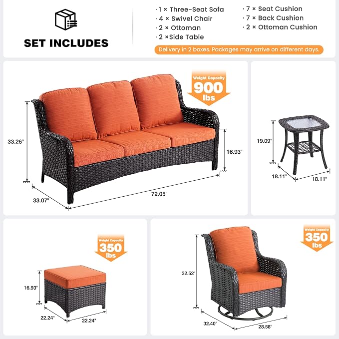 ovios 9-Piece Patio Furniture Set with Swivel Chairs Side Table, Outdoor Wicker Sofa with Comfy Cushions, High Back Couch Modern Conversation Sets, Brown/Orange Red