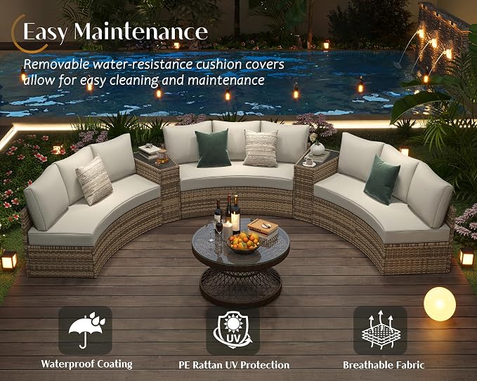 PaPaJet Rattan PE Patio Storage Side Table Sofa Wedge End Table with Tempered Glass Top, Outdoor Wicker Sectional Arm Table, Brown