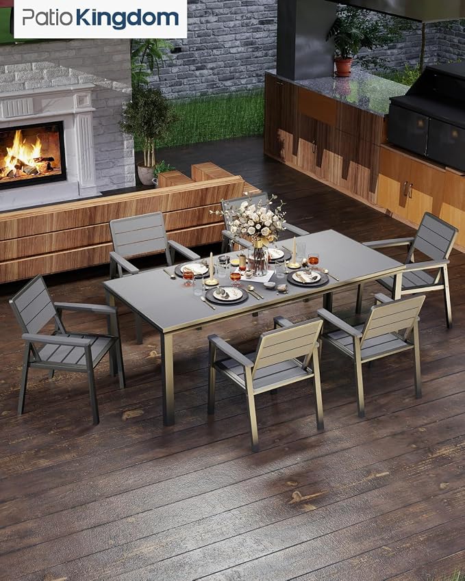 7-Piece Outdoor Dining Set with 15FT Umbrella,Grey | HDPE table, chairs included, aluminum frame, 2" hole design, weather-resistant furniture, perfect for backyard, deck, garden