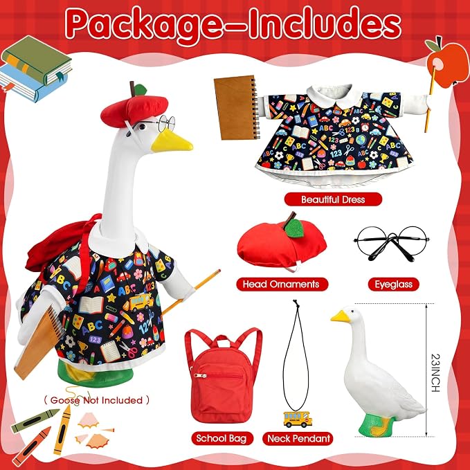 Back to School Porch Goose Outfits for 17''/23'' Goose Statues, First Day of School Goose Clothes with Apple Hat, Glasses, Pencil, Notebook, Backpack for School & Classroom Decor