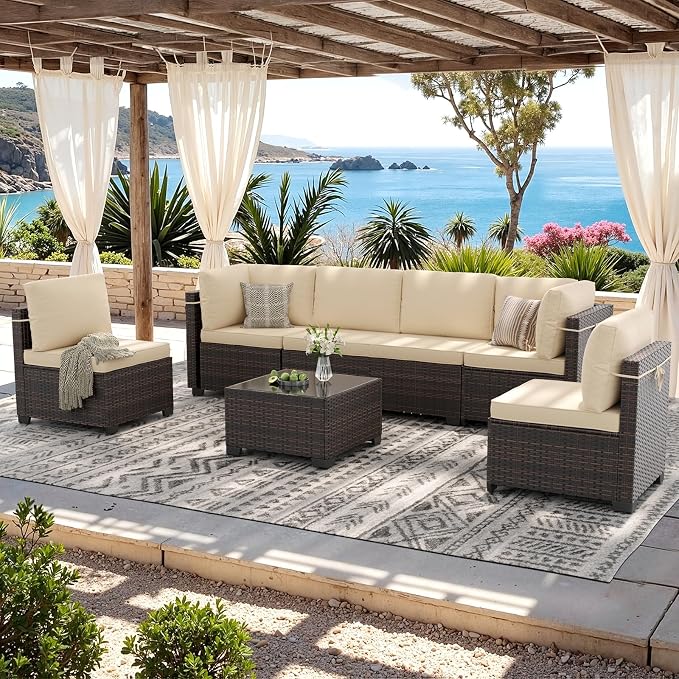 Soohow 7-Piece Patio Furniture Set, Outdoor Conversation Set, Thickened All-Weather Rattan Sectional Sofa with Tempered Glass Table for Garden, Porch, Backyard - Beige Cushions