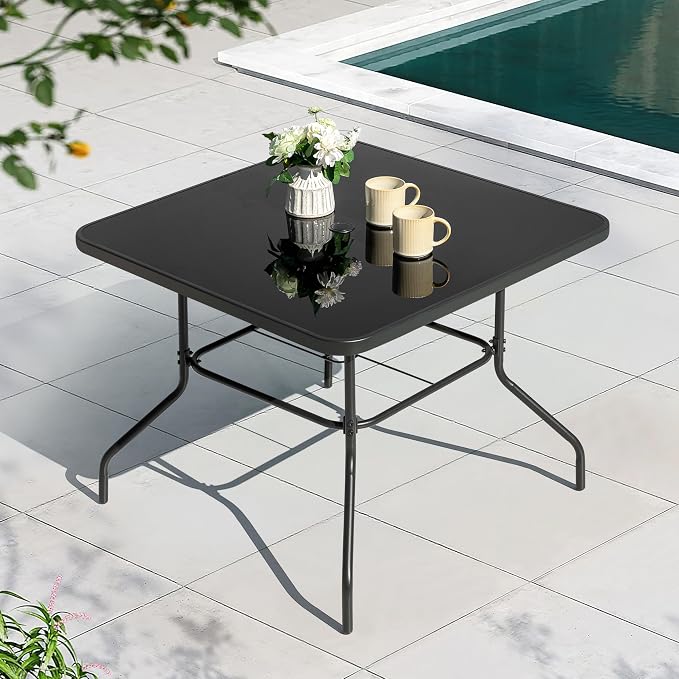 NUU GARDEN 31.5'' Square Outdoor Table, Patio Table with Umbrella Hole, Patio Dining Table with Tempered Glass, Outdoor Dining Tables, Square Patio Table for Balcony, Backyard, Poolside,Black