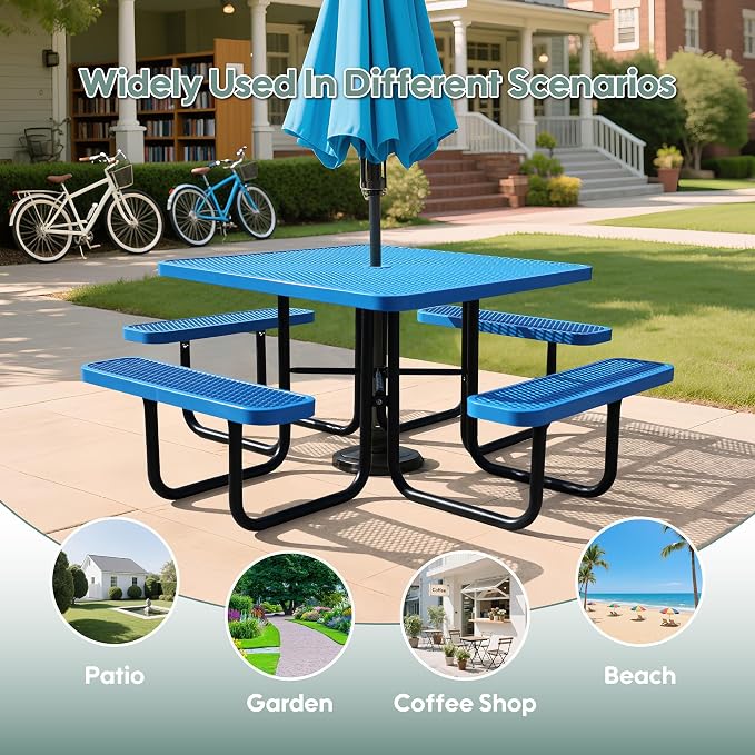 46Inch Square Picnic Table for 8 Person, Outdoor Heavy Duty Sturdy Picnic Tables with 4 Benches & Umbrella Hole, Commercial Metal Patio Picnic Table for Garden, BBQ, Coffee Store, Party, Porch (Blue)