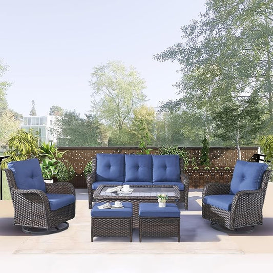 Rilyson 6 Piece Outdoor Patio Furniture Set - Rattan Wicker Patio Conversation Sets with 2 Swivel Rocker Chairs,2 Ottomans,1 Sofa and 1 Coffee Table for Outside Porch Deck Backyard(Brown/Blue)