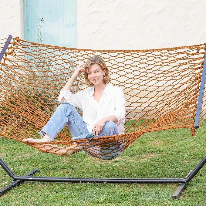 GAFETE 2 Person Hammock with Stand for Outside, 52inch Double Cotton Rope Hammock, Heavy Duty Steel Stand, Large Removable Pillow, Max 475 lbs Capacity (Coffee Brown)