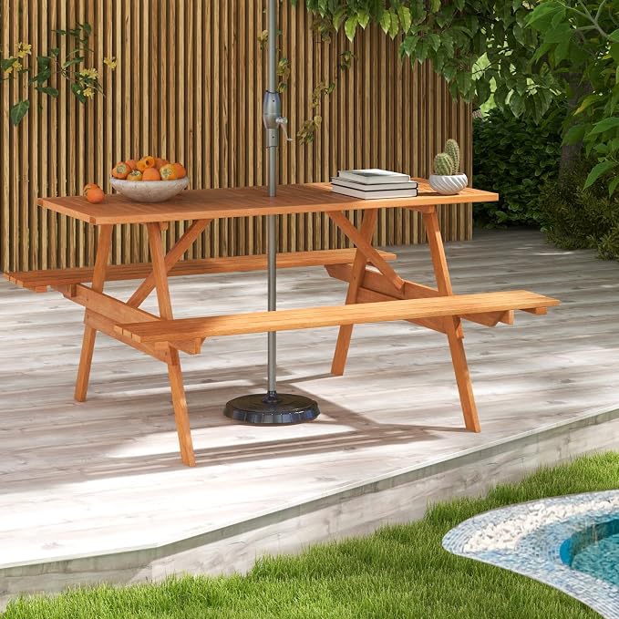 Tangkula Picnic Table with 2 Benches, Outdoor Wood Picnic Table Bench Set with 2-Inch Umbrella Hole, Slatted Tabletop & Seat, Outside Table and Bench Set for Garden, Backyard, Porch, Patio