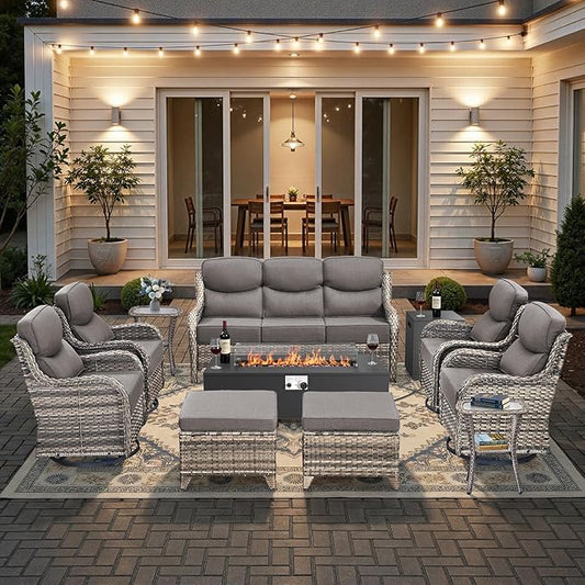 HUMMUH Luxury Patio Furniture Set 6-inch Thick Cushions High Back Swivel Rocker Chairs & 3 Seater-Couch & Steel Fire Pit Table 11 Pieces Outdoor Conversation Set for Porch,Deck,Backyard
