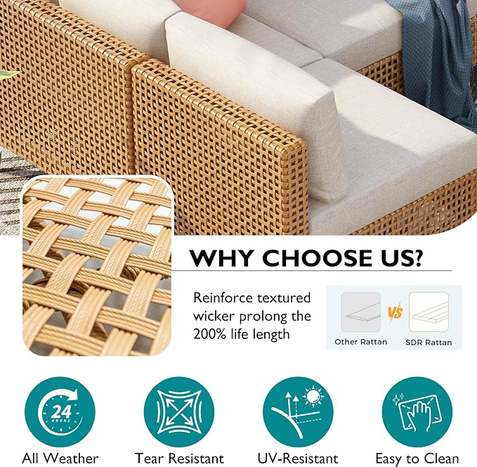 7-piece Wicker Patio Furniture Set, Outdoor Conversation Set Sectional Sofa with Water Resistant Beige Thick Cushions and Coffee Table for Outdoor Couch, Porch, Backyard - Beige