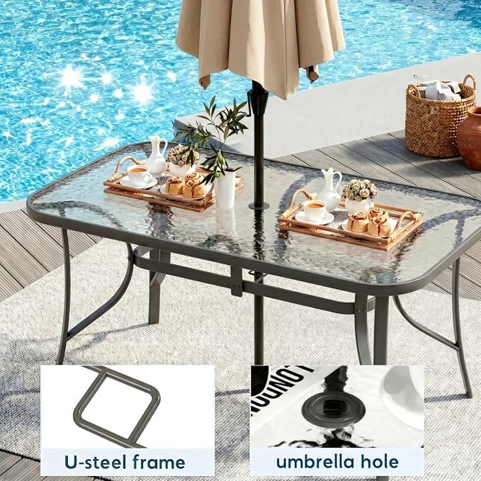 Arlopu 7-Piece Outdoor Table and Chairs for 6, Outdoor Dining Set W/Rectangle Glass Table and 6 Patio Textilene Stackable Chairs, Patio Furniture Set W/Umbrella Hole (Grey Table & Sky Blue)