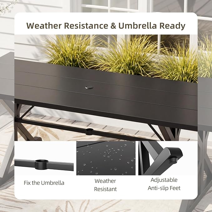 7 Pieces Patio Dining Set Outdoor Conversation Set,Metal Outdoor Furniture Set with Umbrella Hole Cut-Out 78.7" x 35.4" Table and 8 Metal Chairs for Backyard,Garden,Navy
