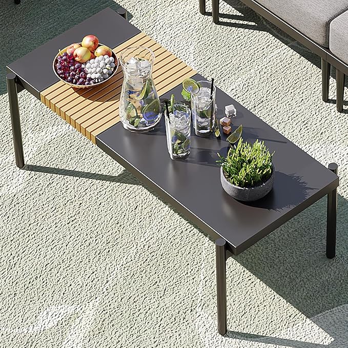 Sundale Outdoor Modern Metal Outdoor Coffee Table with Slatted Wood-Look Tabletop Design, Weather-Resistant Patio Side Table for Garden, Balcony, Poolside(Gray)