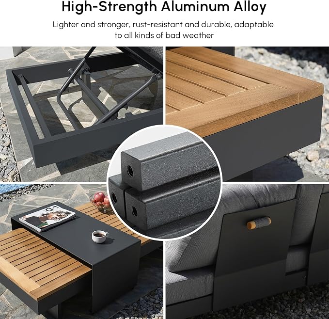 homary 4-Piece Modular Outdoor Sofa Set, Aluminum & Teak Patio Conversation Set with 600D Waterproof Covers, Adjustable Backrests, Fade-Resistant Cushions for Patio, Balcony, Deck