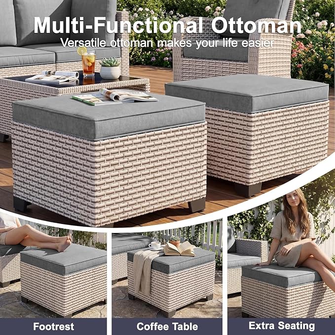 Patio Furniture Set, 12-Piece Outdoor Sectional Sofa with Swivel Rocker Chairs & Ottomans, Wicker Patio Conversation Set with Coffee Table, Gray Cushions