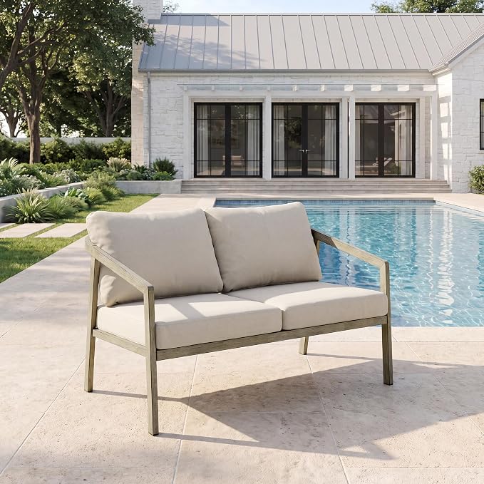Outdoor Patio Loveseat Sofa, Aluminum 2-Seater Conversation Set with Washable Thick Cushions, Never-Rust Modern Garden Couch Bench for Porch, Poolside, Backyard (Grey+Beige)