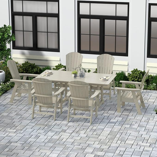 WestinTrends Dylan Adirondack Outdoor Dining Set for 6, All Weather Poly Lumber Patio Table and Chairs Set of 6, 71" Trestle Outdoor Table and Seashell Adirondack Dining Chair, Sand