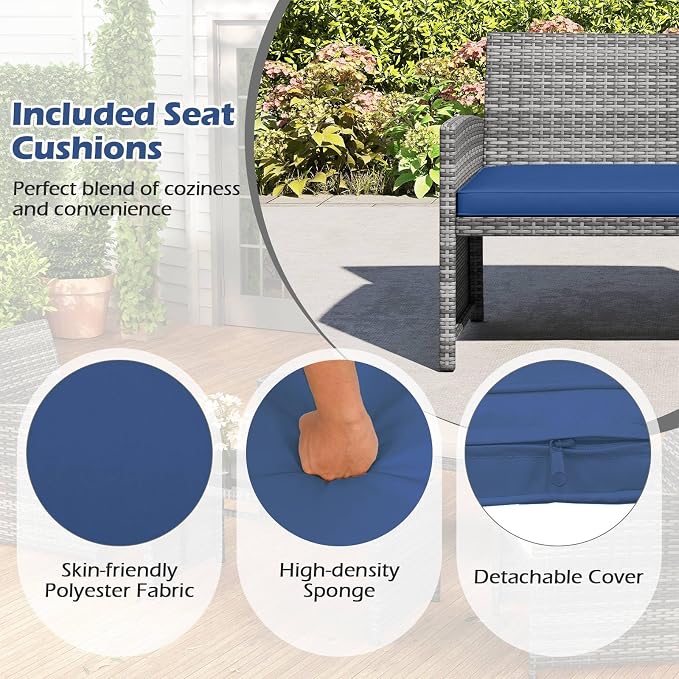 RELAX4LIFE 4-Piece Patio Furniture Set - Wicker Rattan Outdoor Sectional Sofa Set w/Glass Coffee Table, Loveseat, 2 Single Chairs & Soft Cushions, Bistro Conversation for Garden Porch (1, Navy)