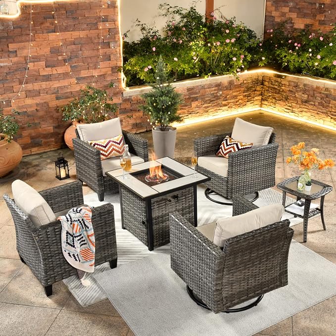 ovios 6 Pieces Patio Furniture Set, Outdoor Wicker Rattan Swivel Chairs with 30" Fire Pit Table, High Back Rocking Glider Chair Conversation Sets for Porch Deck, Beige