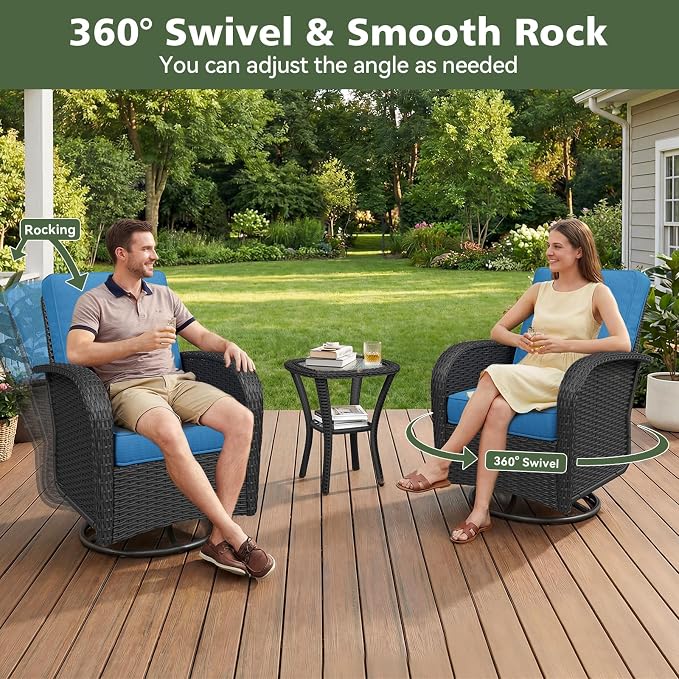 Aoxun 10 Piece Outdoor Patio Furniture Set with Coffee Table, Wicker Rattan Outdoor Furniture with High Back Swivel Rocker Chairs, Outdoor Conversation Set with Thick Cushion & Ottoman, Peacock Blue