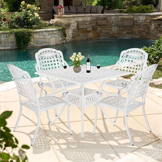 5-Piece Outdoor Patio Dining Set, All-Weather Cast Aluminum Patio Furniture Set with 4 Chairs and 35.4" Square Table for Backyard Garden Deck, 2" Umbrella Hole, White