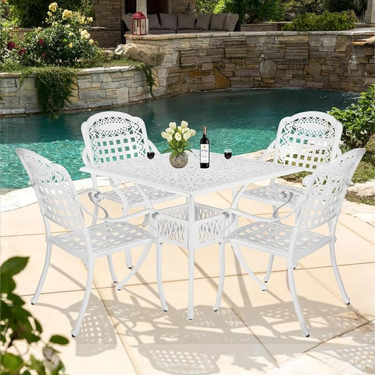 5-Piece Outdoor Patio Dining Set, All-Weather Cast Aluminum Patio Furniture Set with 4 Chairs and 35.4" Square Table for Backyard Garden Deck, 2" Umbrella Hole, White
