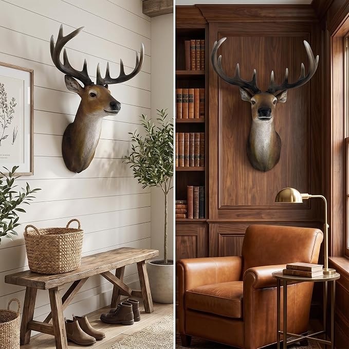 Deer Head Wall Decor, 19 Inch Large Stag Buck Horns | Faux Taxidermy, 3D Resin, Lifelike Wildlife Statue, For Living Room Cabin Hunting Lodge Man Cave