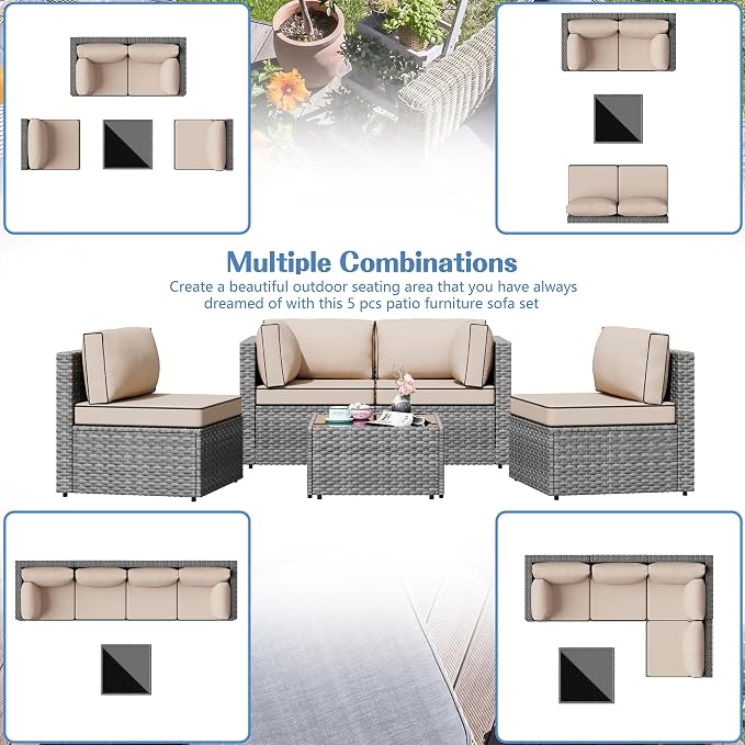 Shintenchi 5 Pieces Outdoor Patio Furniture Sets, Patio Sectional Sofa Couch, Gray PE Wicker Furniture Modular Patio Conversation Sets Patio Sofa with Washable Cushions & Table（Khaki）