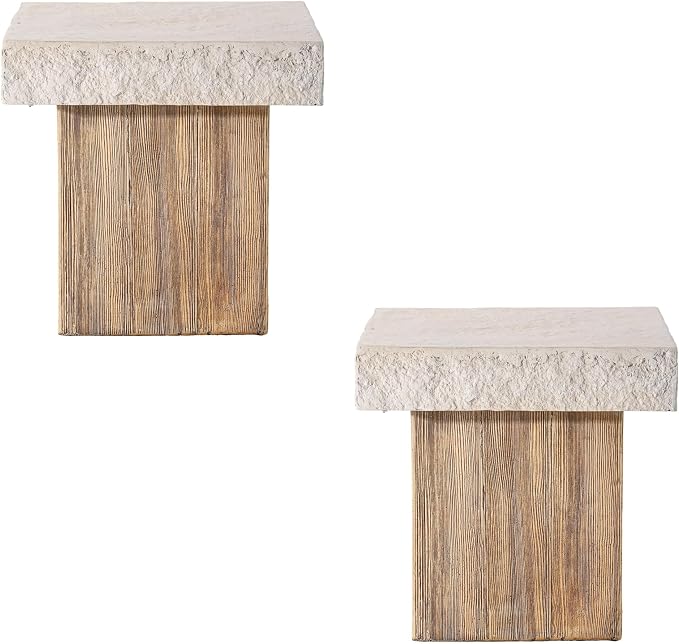 COSIEST Outdoor Medium Side Table, Patio Coffee Table, 19.7 inches Square MgO End Stool with Faux Wooden Pedestal Base,for Patio, Garden, Backyard, Antique Beige