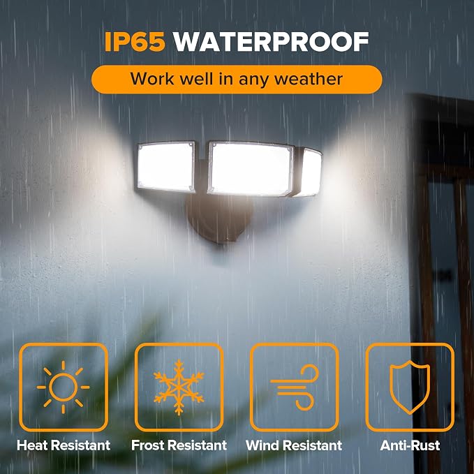 LUTEC 75W 8000 Lumen Floods Light Outdoor, Switch Controlled LED Security Lights with 3 Adjustable Heads, 5000K Daylight, IP65 Waterproof Exterior Flood Light for Outside Garage, Yard, Patio-Brown