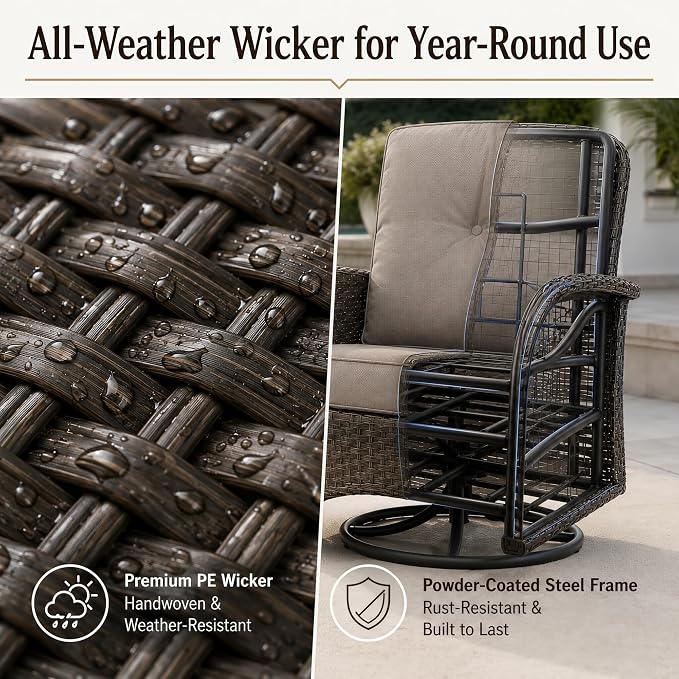 3-Piece Wicker Patio Furniture Set, Swivel Rocking Chairs, Brown/Grey | PE wicker, steel frame, 5mm tempered glass table, 4-inch cushions, 360-degree swivel, 250lbs capacity, garden use