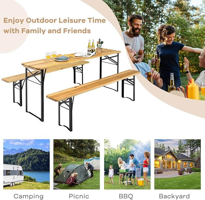 Goplus Foldable Picnic Table with Benches, 3-Piece 70” Portable Beer Garden Table with Sturdy Steel Frame, Folding Wooden Picnic Tables for Outdoors, Patio, Backyard