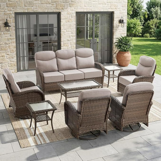 8-Piece Patio Furniture Set with Upgraded 6" Thick Cushion - High Back Outdoor Swivel Rocker Chairs with 3-Seater Sofa, Coffee Table,Wicker Outdoor Conversation Set for Deck, Porch, Yard, Poolside