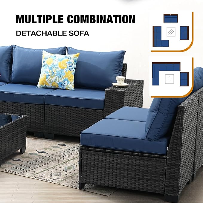 JOYURE 9 Pieces Patio Furniture Set All-Weather Outdoor Wicker Sectional Conversation Sofa Rattan Patio Seating Sofa with Cushion and Glass Table and Ottoman for Porch Poolside,Navy