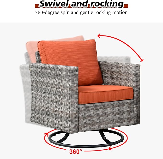 HOOOWOOO Outdoor Patio Sectional Furniture Sofa Set with Large Fire Pit Table,9 Piece Modern Wicker Couch with Swivel Chair,Modular Conversation Seating Set with Widened Armrest(Orange Red)
