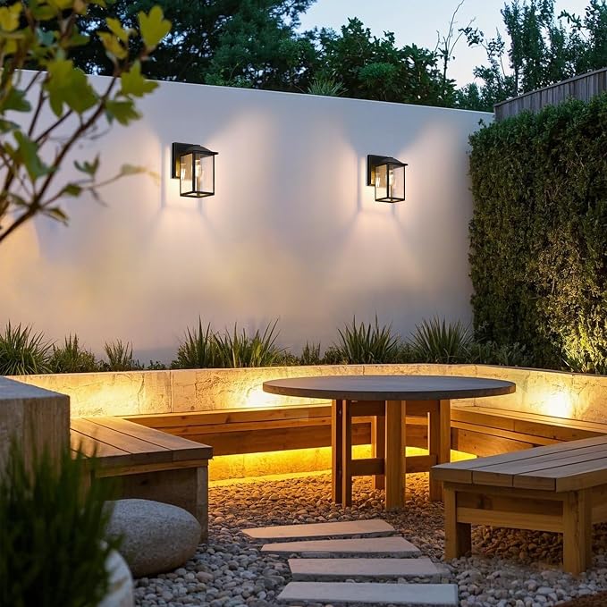 MATAMEYE Outdoor Wall Light Fixture, Exterior Waterproof Porch Lighting | Large Black Patio Wall Lantern, Anti-Rust, Clear Glass, E26 Socket, Wall Mount Sconce Lighting, Outside Front Door Light