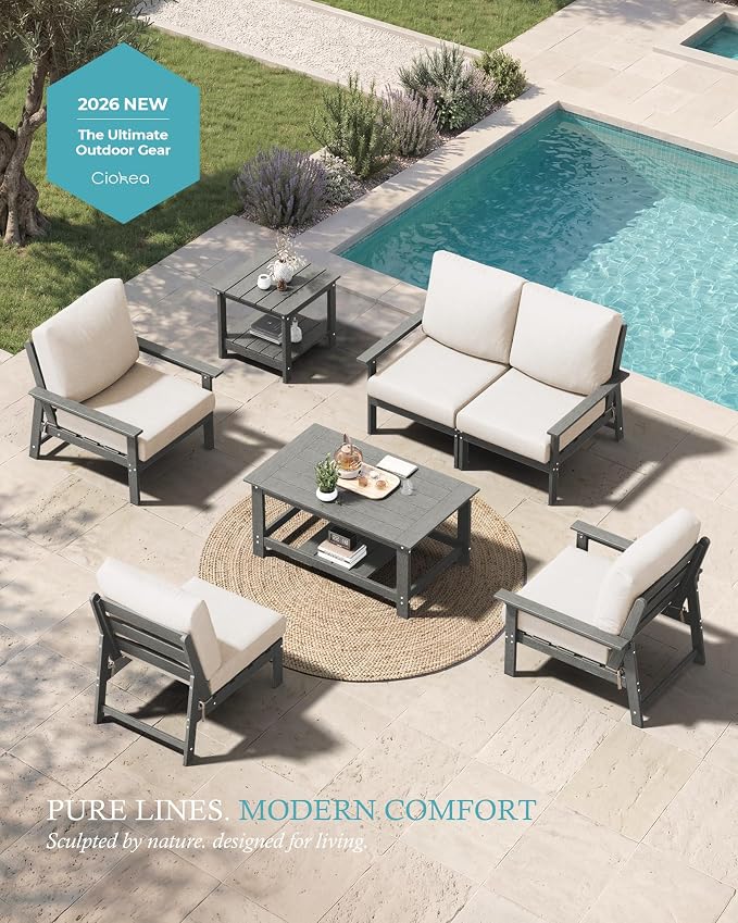 Ciokea Modular Patio Furniture Set with Thicked Cushions, 7Pcs All-Weather Outdoor Conversation Set with Coffee Table & Side Table, Modern Sectional Sofa Set for Deck (Grey Frame/Beige Cushions)