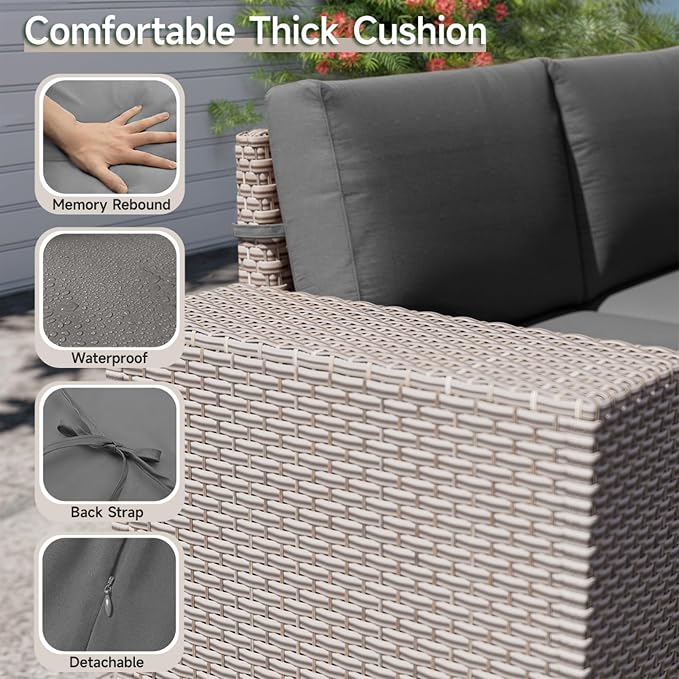 13-Piece Outdoor Patio Furniture Set with Fire Pit, Modular Sectional Sofa Set with Glass Coffee Table and Cushions, Wicker Outdoor Couch Conversation Sets, Gray
