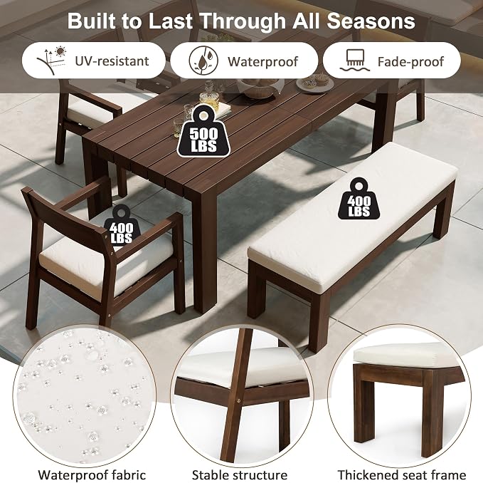 RUNNA Patio Dining Table Set for 6,Outdoor Furniture Sets with Umbrella Hole,71" Rectangular Table,Chairs and Bench with Removable Cushions for Backyard,Garden,Poolside (Beige+Mocha#28)
