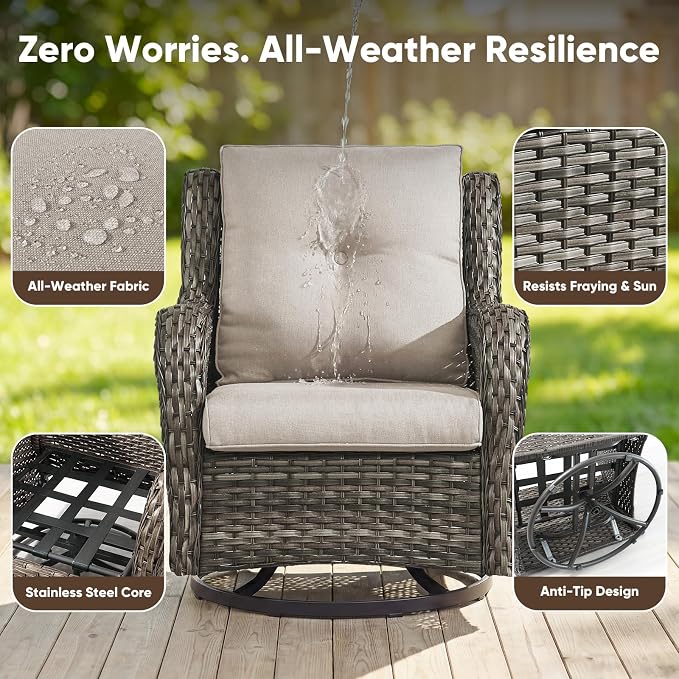 Belord 3 PCS Patio Furniture Set - Mixed Grey Wicker Swivel Rocking Chairs with Side Table, Furniture Set for Outdoor
